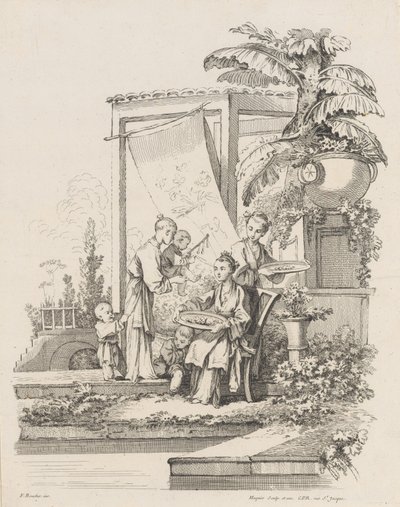 Siedząca kobieta z dziećmi i sługami, ca. 1738-45. autorstwa Gabriel Huquier