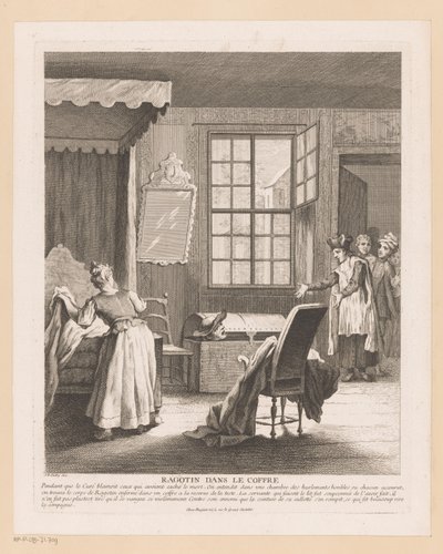 Slaapkamerinterieur spotkał Ragotina w een kist Plotka w bagażniku (tytuł na obiekcie) Sceny z Romana Comique van Scarrona (tytuł serii) autorstwa Gabriel Huquier