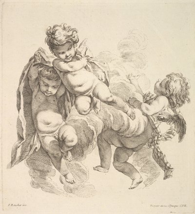 Troje dzieci w chmurach niosących zasłonę, 1738-45. autorstwa Gabriel Huquier