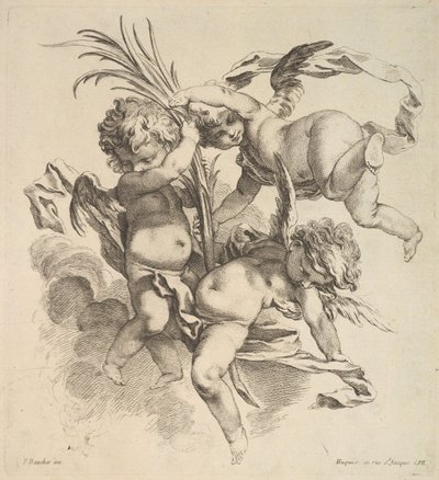 Troje dzieci wśród chmur w pobliżu liścia palmowego, 1738-45. autorstwa Gabriel Huquier