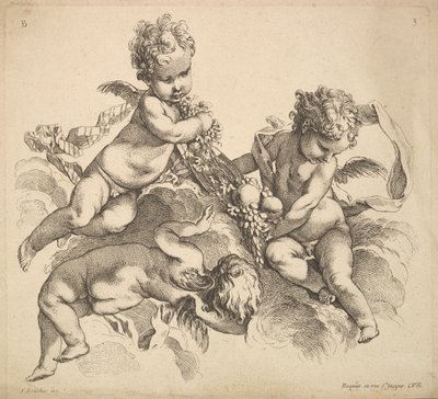 Troje dzieci z talerzem owoców, 1738-45. autorstwa Gabriel Huquier