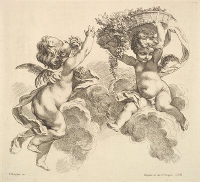 Dwoje dzieci, jedno trzymające kosz z kwiatami, 1738-45. autorstwa Gabriel Huquier