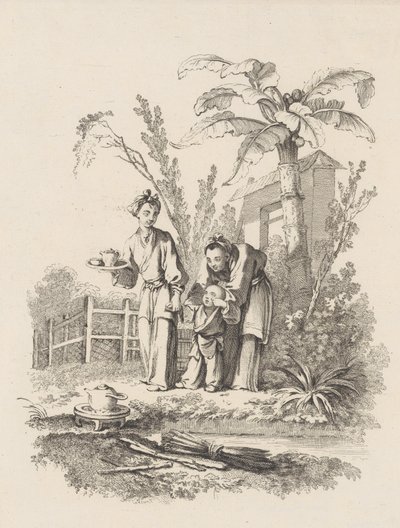Dwie kobiety prowadzące dziecko do czajnika na stole w pobliżu stawu, ca. 1742. autorstwa Gabriel Huquier