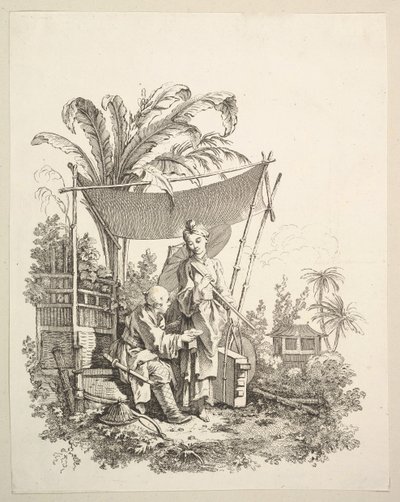 Kobieta okazująca żołnierzowi ciekawostki, ca. 1742. autorstwa Gabriel Huquier