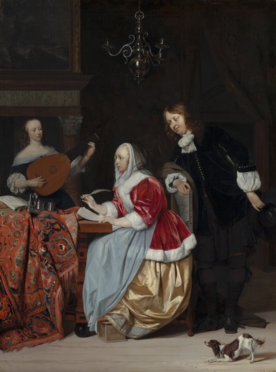 Młoda kobieta komponująca utwór muzyczny autorstwa Gabriel Metsu