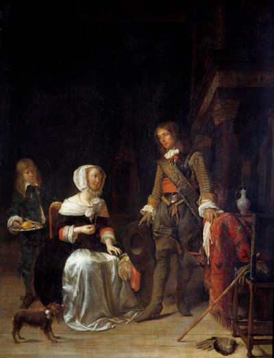 Żołnierz odwiedzający młodą dziewczynę Obraz Gabriela Metsu (1629-1667) XVII w. Słońce. 0,63x0,47 m² autorstwa Gabriel Metsu