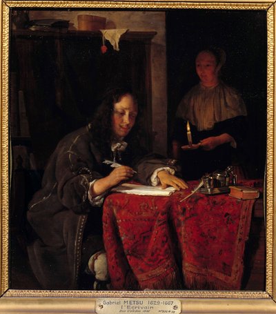 Pisarz. Sługa trzyma świecę, aby pisarz miał światło do pisania. autorstwa Gabriel Metsu