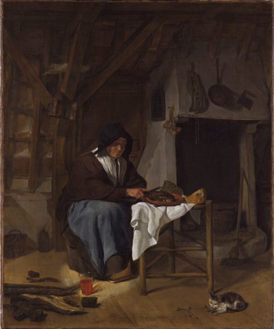 Stara kobieta przy posiłku we wnętrzu autorstwa Gabriel Metsu