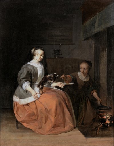 Młoda kobieta i służąca karmią psa naleśnikiem autorstwa Gabriel Metsu
