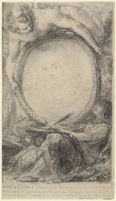 Alegoryczna rama z piszącym geniuszem i zasłoniętą kobietą, ok. 1769 (czarna kreda na papierze) autorstwa Gabriel de Saint-Aubin