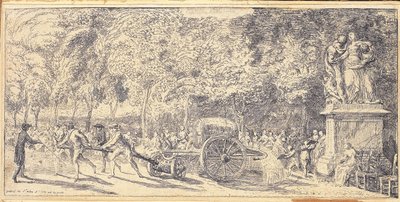 Figury ciągnące beczkę na wózku w Ogrodach Tuileries, 1760 autorstwa Gabriel de Saint Aubin