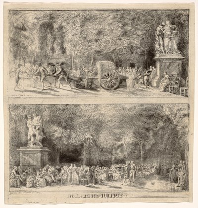 Sceny z Tuileries: Krzesła i wózek wodny, 1760, retusz 1763 autorstwa Gabriel de Saint Aubin