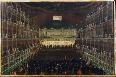 Posiłek w Teatrze San Benedetto - „Przyjęcie na cześć książąt Północy”” Bankiet z udziałem ambasadorów. Obraz Gabriela Belli (1730-1799) XVIII-wieczna Wenecja, Galleria Fondazione Querini Stampalia autorstwa Gabriele Bella
