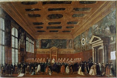 Przyjęcie ambasadorów w Collegio (Wenecja, przyjęcie ambasadora w Collegio) - Obraz Gabriele Bella (ok. 1730-1799), olej na płótnie, 99x150 cm. Wenecja, Fundacja Querini Stampalia autorstwa Gabriele Bella