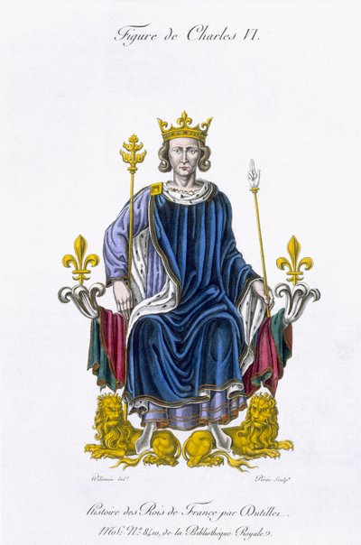Figura Karola VI, grawerowana przez Amedee Peree, z „Histoire des Rois de France” (kolor lito) autorstwa Gabrielle Willemin