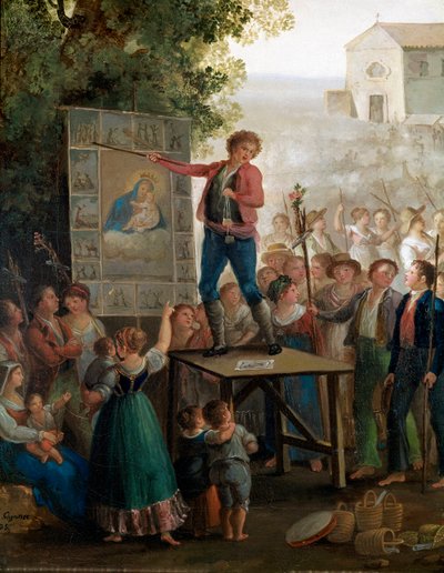 Artysta uliczny śpiewający cuda Matki Bożej na uroczystość Madonny dell