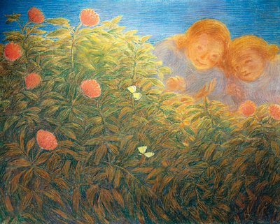 Kwiaty i motyle, Gaetano Previati (1852-1920), olej na płótnie autorstwa Gaetano Previati