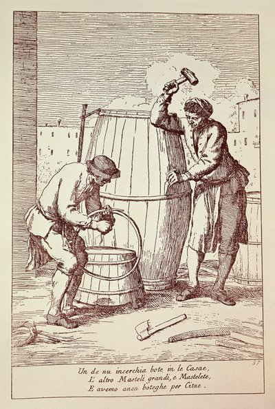 Coopers at work, Grawerowanie autorstwa Gaetano Gherardo Zompiniego (1700-1778) z Sztuka życia codziennego w Wenecji, Włochy autorstwa Gaetano Zompini