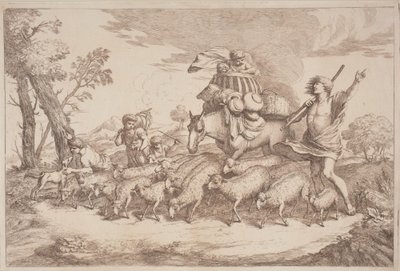 Wędrówka duszpasterska z dzieckiem w koszyku na koniu autorstwa Gaetano Zompini, after Giovanni Benedetto Castiglione