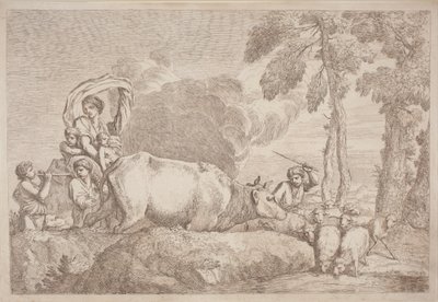 Kobieta z dwójką dzieci na koniu autorstwa Gaetano Zompini, after Giovanni Benedetto Castiglione