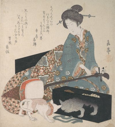 Kobieta strojąca Shamisen i kot patrzący na własne odbicie, połowa lat 20. XIX wieku. autorstwa Gakutei