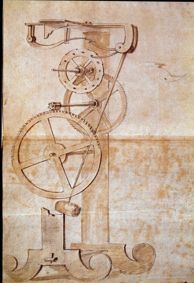 Zegar wahadło ważenia zbadane przez włoskiego astronoma i fizyka Galileo Galilei dit Galilee (1564-1642) w 1638 roku w celu pomiaru czasu. Rysunek. Florencja, Biblioteka Narodowa autorstwa Galileo Galilei