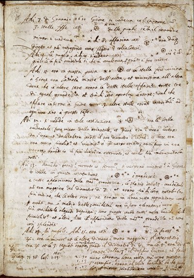 Strona „”Sidereus Nuncius””, w której Galileusz nazywa cztery gwiazdy jako Medicea Sidera lub Pianeti Medicei (planety śródziemnomorskie): rękopis włoskiego astronoma i fizyka Galileo Galilei dit Galilee (1564-1642) napisany dla Cosimo de Medicis (Cosimo autorstwa Galileo Galilei