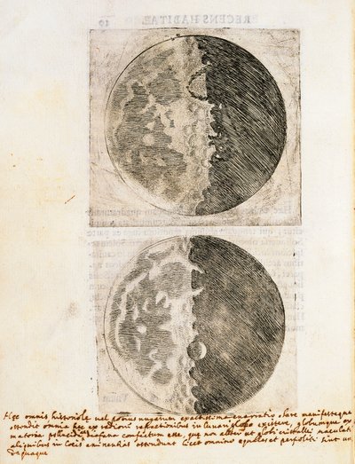 Sidereus Nuncius (Starry Messenger) z rysunkami faz i powierzchni Księżyca autorstwa Galileo Galilei