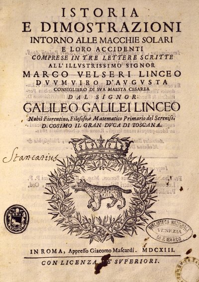 Strona tytułowa Historii i pokazy dotyczące plam słonecznych i ich właściwości autorstwa Galileo Galilei