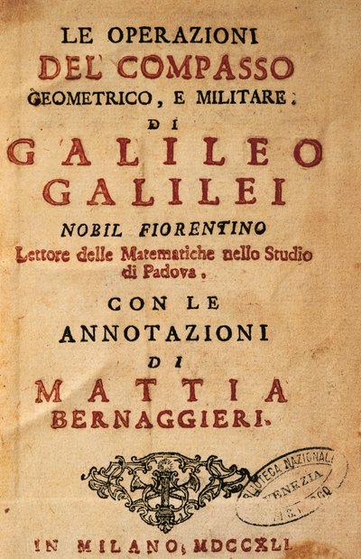 Strona tytułowa Operacji kompasu geometrycznego i wojskowego Galileo Galilei (1564-1642), z notatkami Mattii Bernaggieri, wydanej w Mediolanie autorstwa Galileo Galilei