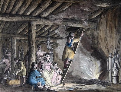 Wnętrze jurty na Kamczatce, ilustracja z „Le Costume Ancien et Moderne” Julesa Ferrario, wydanej w Mediolanie ok. 1820-30 (kolorowe grawerowanie) autorstwa Gallo Gallina