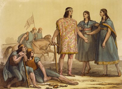 Rdzenni mieszkańcy plemienia Araucani, Argentyna, z Le Costume Ancien et Moderne, tom II, płyta 37, Jules Ferrario, wydana ok. 1820-30 autorstwa Gallo Gallina