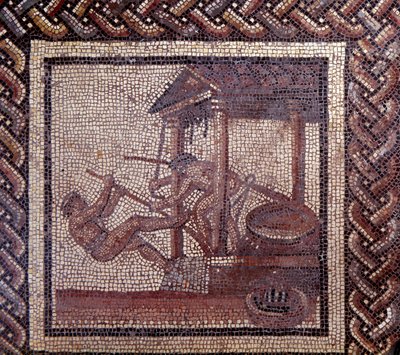 Gallo Roman Art: mozaika przedstawiająca rustykalny kalendarz. Prasa olejowa. Koniec II, początek III wieku po JC. Z Saint-Romain-en-Gal (Rhone). Saint Germain en Laye, Narodowe Muzeum Archeologiczne autorstwa Gallo Roman