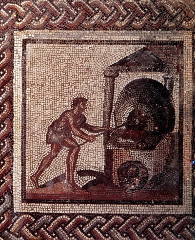 Gallo Roman Art: mozaika przedstawiająca rustykalny kalendarz. Scena robienia chleba. Koniec II, początek III wieku po JC. Z Saint-Romain-en-Gal (Rhone). Saint Germain en Laye, Narodowe Muzeum Archeologiczne autorstwa Gallo Roman