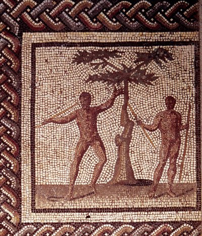 Gallo Roman Art: mozaika przedstawiająca rustykalny kalendarz. Festiwal Żniwiarzy. Koniec II, początek III wieku po JC. Z Saint-Romain-en-Gal (Rhone). Saint Germain en Laye, Narodowe Muzeum Archeologiczne autorstwa Gallo Roman