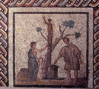 Gallo Roman Art: mozaika przedstawiająca rustykalny kalendarz. Scena poświęcenia w Ceres i Apollo. Koniec II, początek III wieku po JC. Z Saint-Romain-en-Gal (Rhone). Saint Germain en Laye, Narodowe Muzeum Archeologiczne autorstwa Gallo Roman