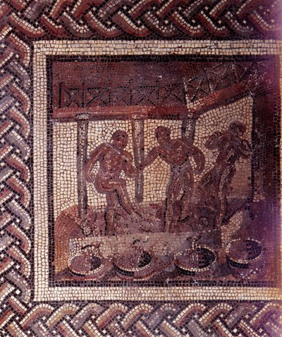 Gallo Roman Art: mozaika przedstawiająca rustykalny kalendarz. Scena stąpania winogron w kadzi. Koniec II, początek III wieku po JC. Z Saint-Romain-en-Gal (Rhone). Saint Germain en Laye, Narodowe Muzeum Archeologiczne autorstwa Gallo Roman