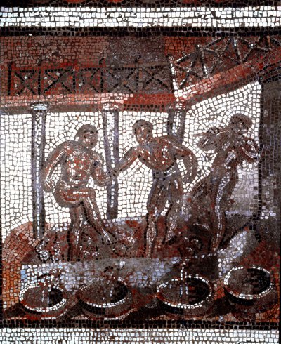 Scena stąpania winogron w kadzi. (mozaika, koniec II, początek III w.) autorstwa Gallo Roman