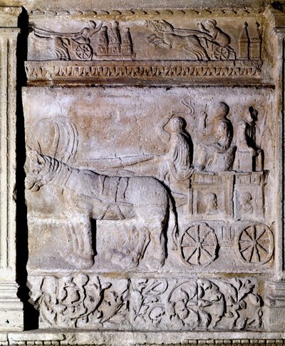 Płaskorzeźba z okresu galijsko-rzymskiego przedstawiająca napędzany przez konie rydwan wiozący pasażerów. Awinion, Muzeum Calvet autorstwa Gallo Roman Gallo Roman