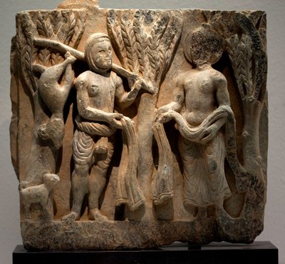 Wymień ubrania z myśliwym. Płaskorzeźba, sztuka Gandhary (Pakistan), II-III w. Muzeum Narodowe Korei, Seul (Korea Południowa). autorstwa Gandhara School