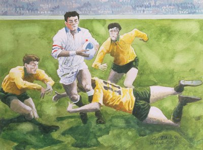 Mecz rugby: Anglia – Australia w finale Pucharu Świata, 1991, walka z Willem Carlingiem (mc) autorstwa Gareth Lloyd Ball