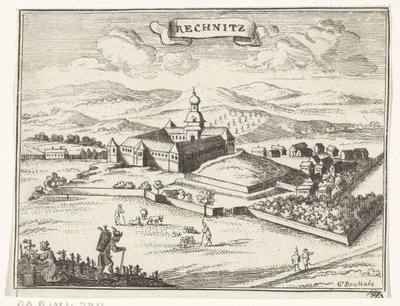 Widok na Rechnitz Obrazy topograficzne Austrii, Węgier i Bałkanów (tytuł serii) Krótki opis i aen-wysinghe der placeen in desen boeck, z ich słowami teghen, stojącymi, trafnie uyt-ghebeldt, w Oostenryck (ser autorstwa Gaspar Bouttats
