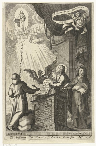 Dziewica Maryja zostaje porwana do królestwa niebieskiego Historia divina y vida de la Virgen maria (tytuł na obiekcie) autorstwa Gaspar Bouttats