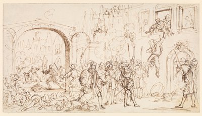 Masakra w dniu św. Bartłomieja, ok. 1686 (czarna kreda, długopis i brązowy tusz na papierze wykładanym, z brązowymi liniami obramowania) autorstwa Gaspar Bouttats