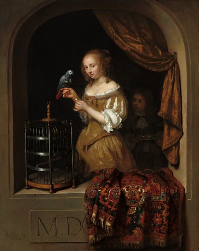Kobieta karmiąca papugę ze stronicą, 1666. autorstwa Gaspar Netscher