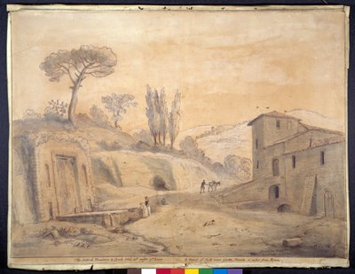 Antyczna fontanna i łuk w Grottaferrata, Rzym (pióro i atrament z akwarelą na papierze) autorstwa Gaspar van Wittel
