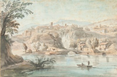 Krajobraz w Tivoli, 1701-10 (długopis, brązowy tusz i kolorowe rozmycia na papierze) autorstwa Gaspar van Wittel