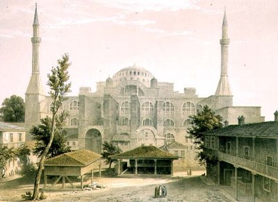 Haghia Sophia, tablica 16: główna fasada, rytowana przez Louisa Haghe (1806-1885) wydana w 1852 r. (lito) autorstwa Gaspard (after) Fossati