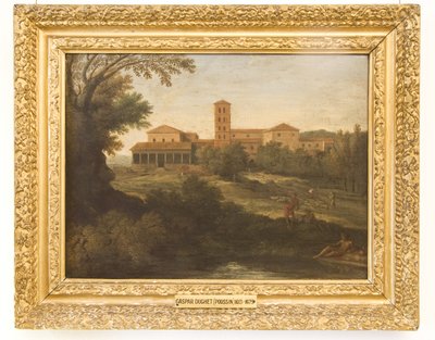Klasyczny krajobraz z mężczyzną prowadzącym stado owiec autorstwa Gaspard Poussin Dughet