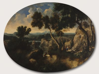 Skalisty krajobraz z myśliwymi, ok. 1635 autorstwa Gaspard Poussin Dughet